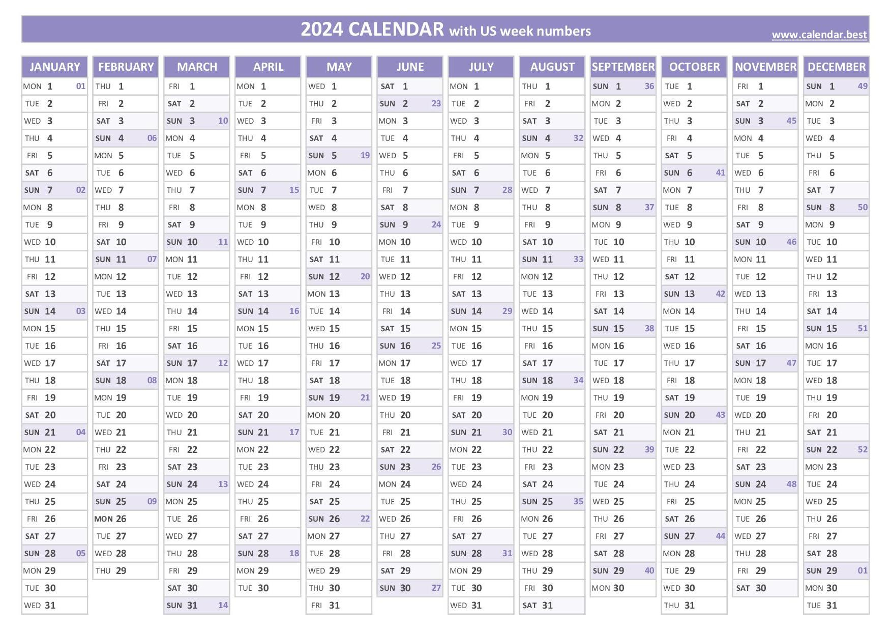 2024 Calendar With Week Numbers (Us And Iso Week Numbers) | 2024 Calendar Printable With Week Numbers