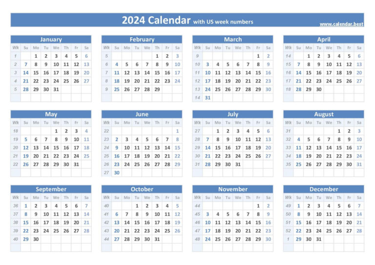 2024 Calendar With Week Numbers (Us And Iso Week Numbers) | 2024 Calendar with Week Numbers Printable