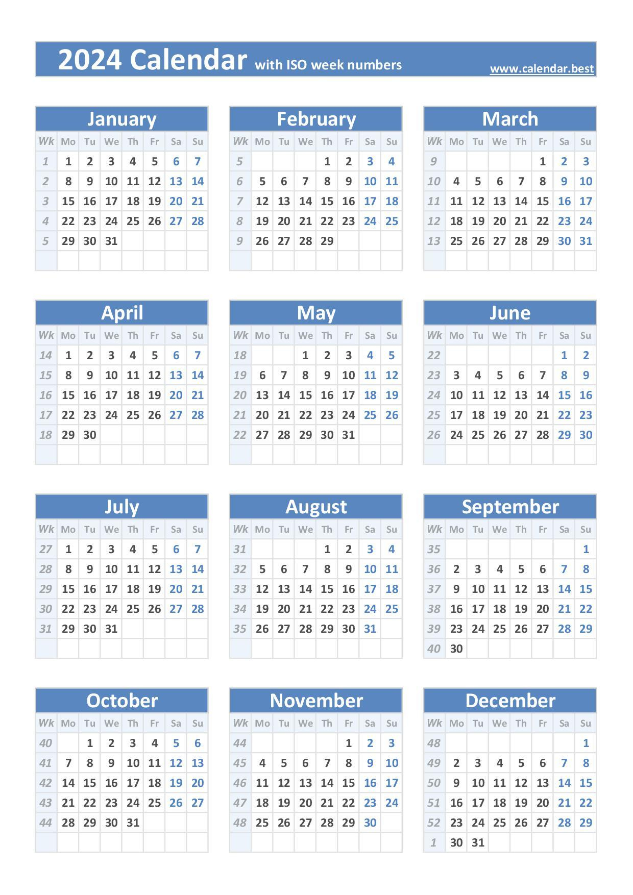 2024 Calendar With Week Numbers (Us And Iso Week Numbers) | 2024 Calendar With Week Numbers Printable PDF