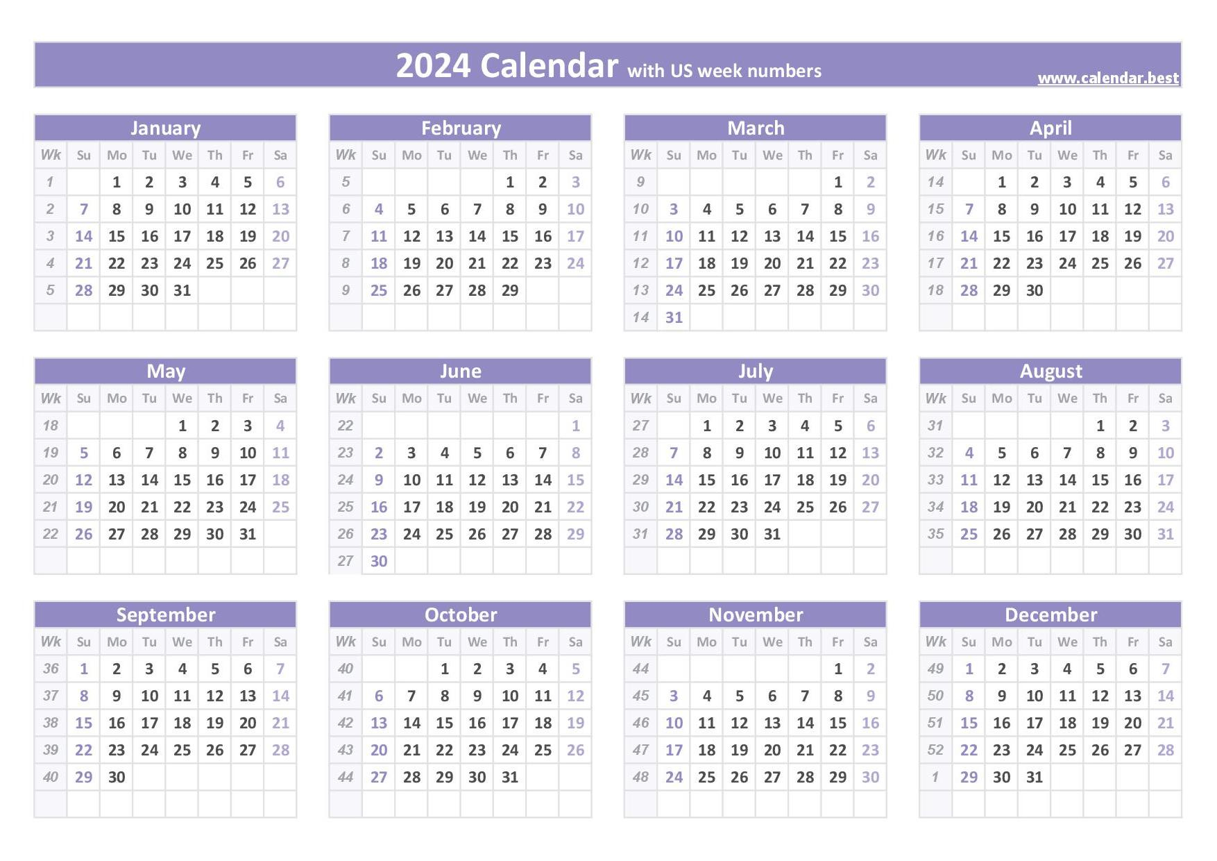 2024 Calendar With Week Numbers (Us And Iso Week Numbers) | Calendar 2024 Malaysia Printable