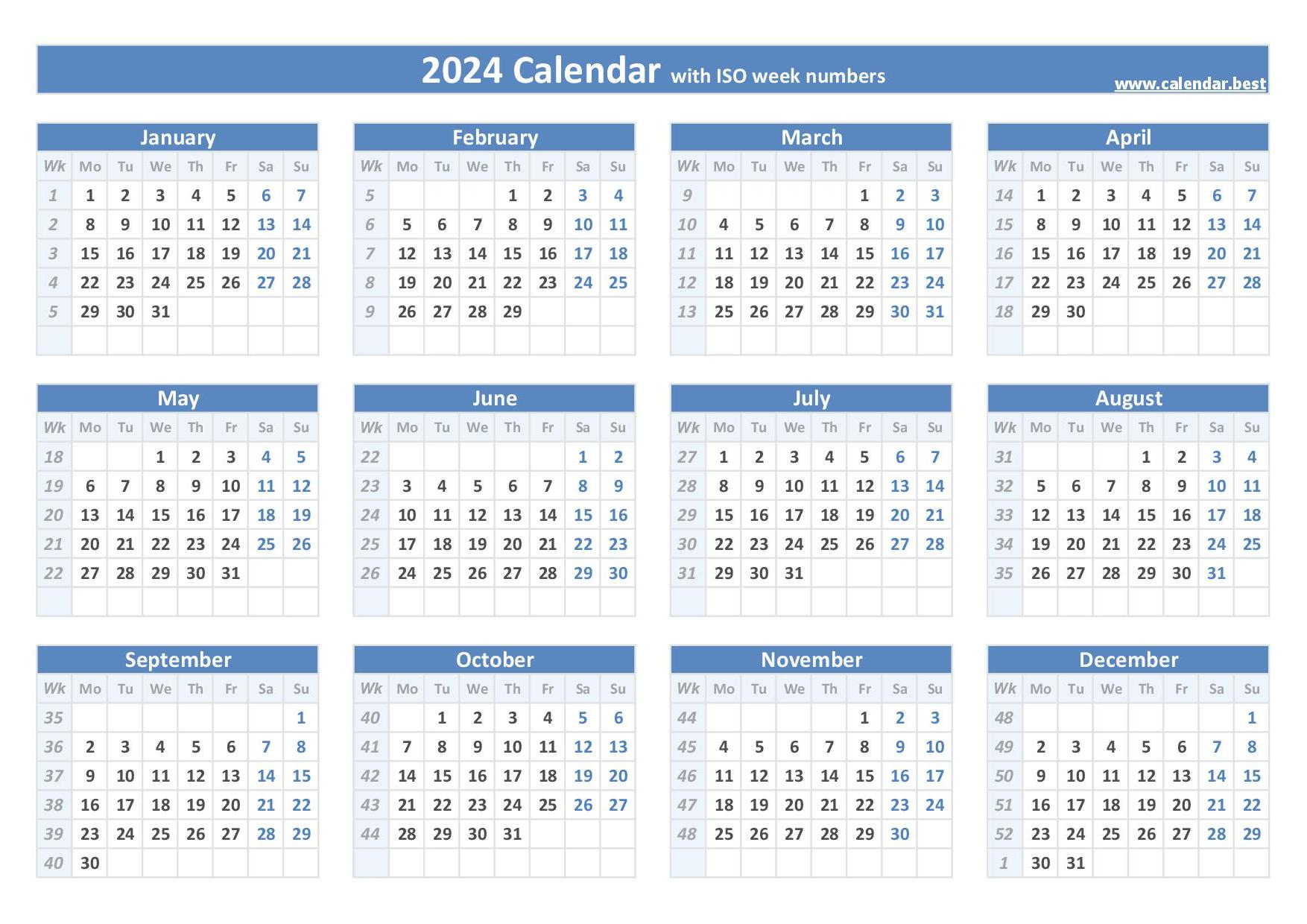 2024 Calendar With Week Numbers (Us And Iso Week Numbers) | Calendar For 2024