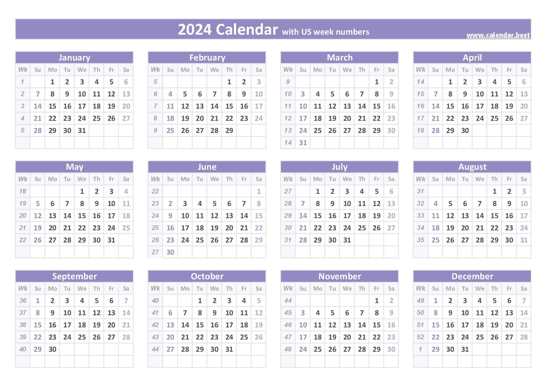 2024 Calendar With Week Numbers (Us And Iso Week Numbers) | Printable Calendar 2024 Malaysia