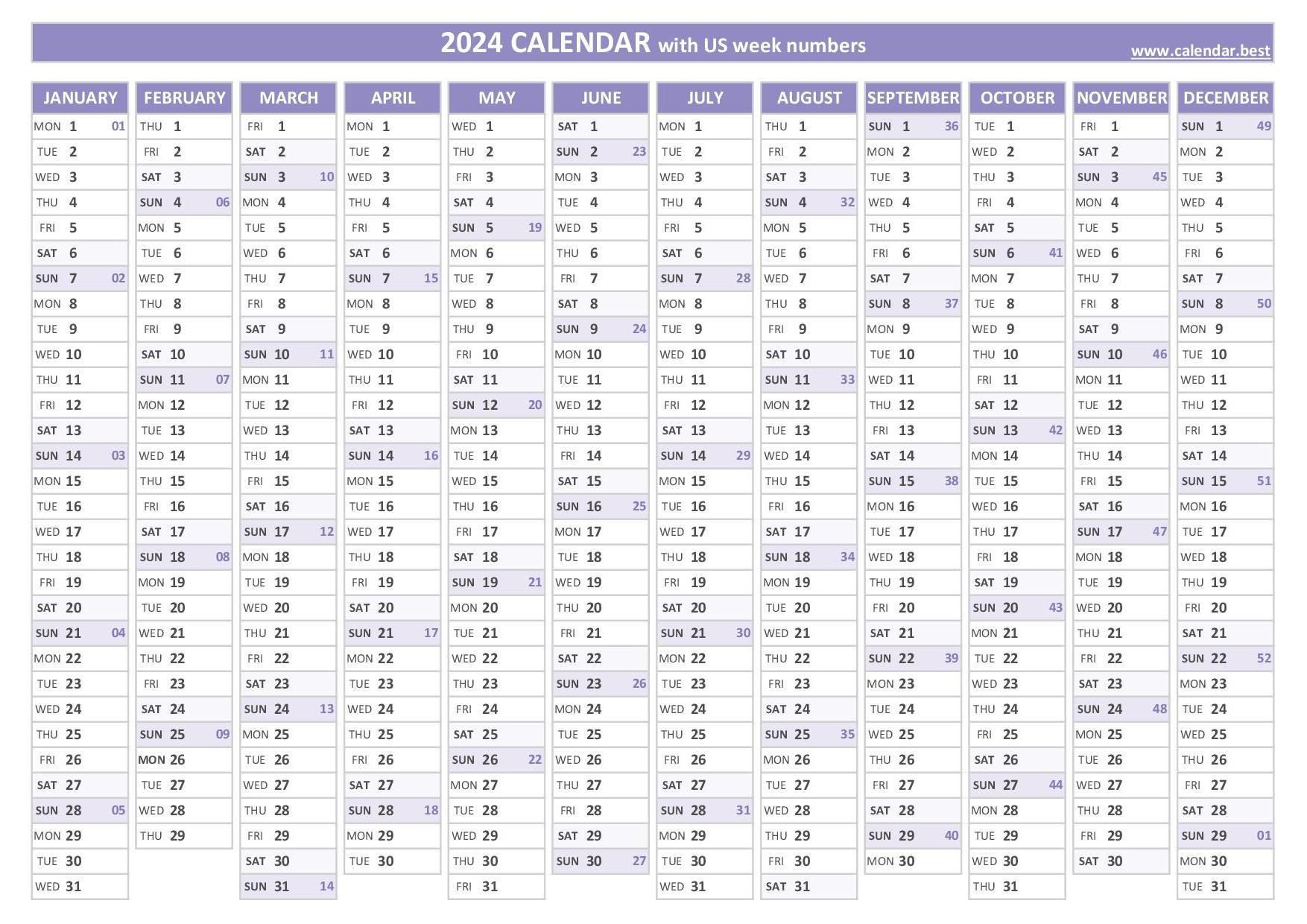 2024 Calendar With Week Numbers (Us And Iso Week Numbers) | Printable Calendar 2024 Week Numbers