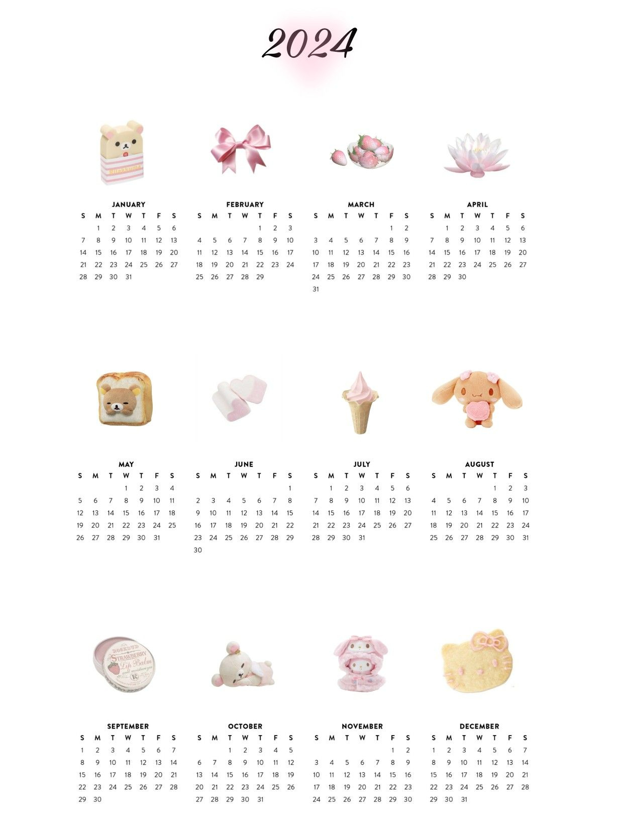 2024 Calendar🩷 In 2023 | Pink Calendar, Cute Calendar, Pink Posters | Hello Kitty Calendar 2024 Printable