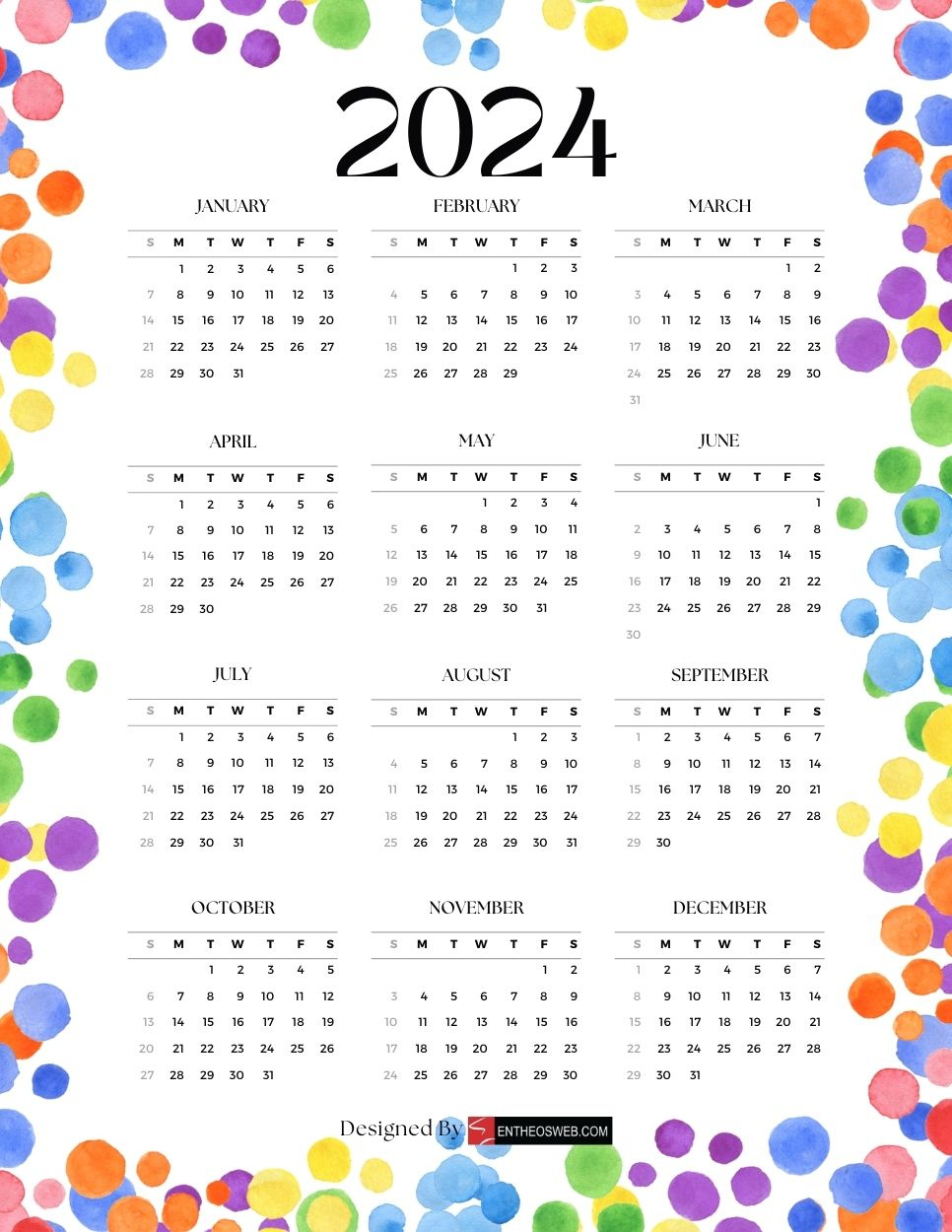 2024 Calendars – Free Printable Calendar Designs | Entheosweb | 2024 Calendar Printable Colorful