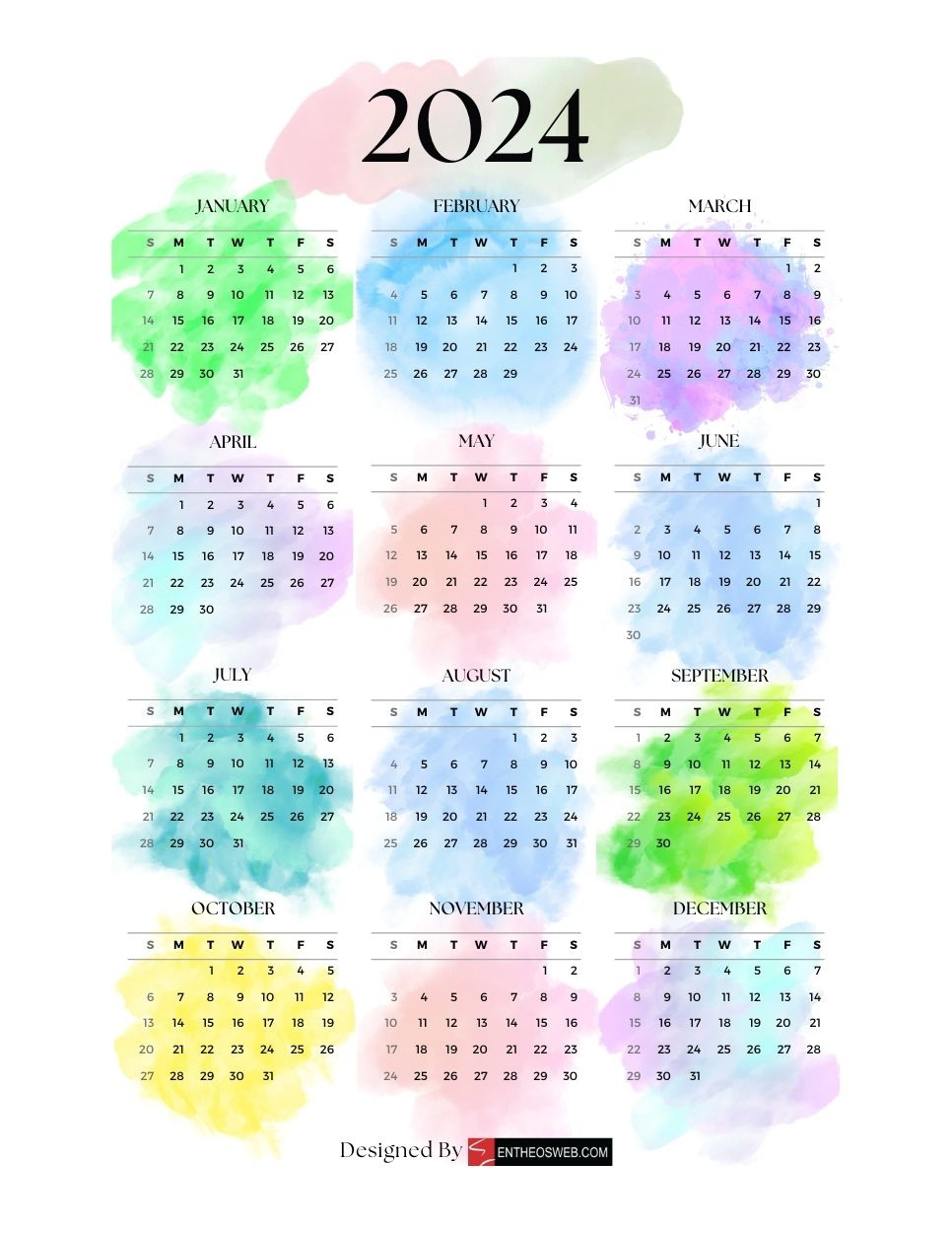 2024 Calendars – Free Printable Calendar Designs | Entheosweb | 2024 Calendar Printable Colorful