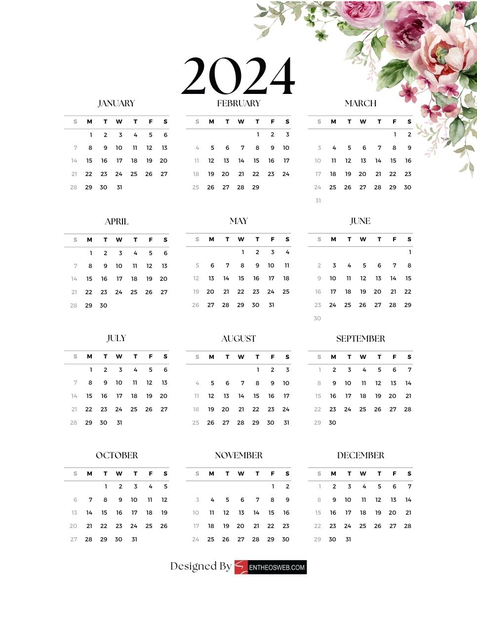 2024 Calendars – Free Printable Calendar Designs | Entheosweb | Printable Calendar 2024 Floral