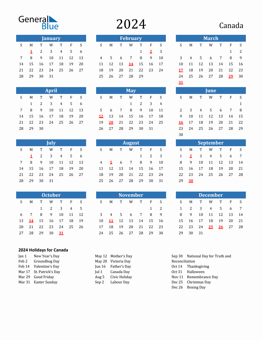 2024 Canada Calendar With Holidays | 2024 Calendar Canada Printable Free Download