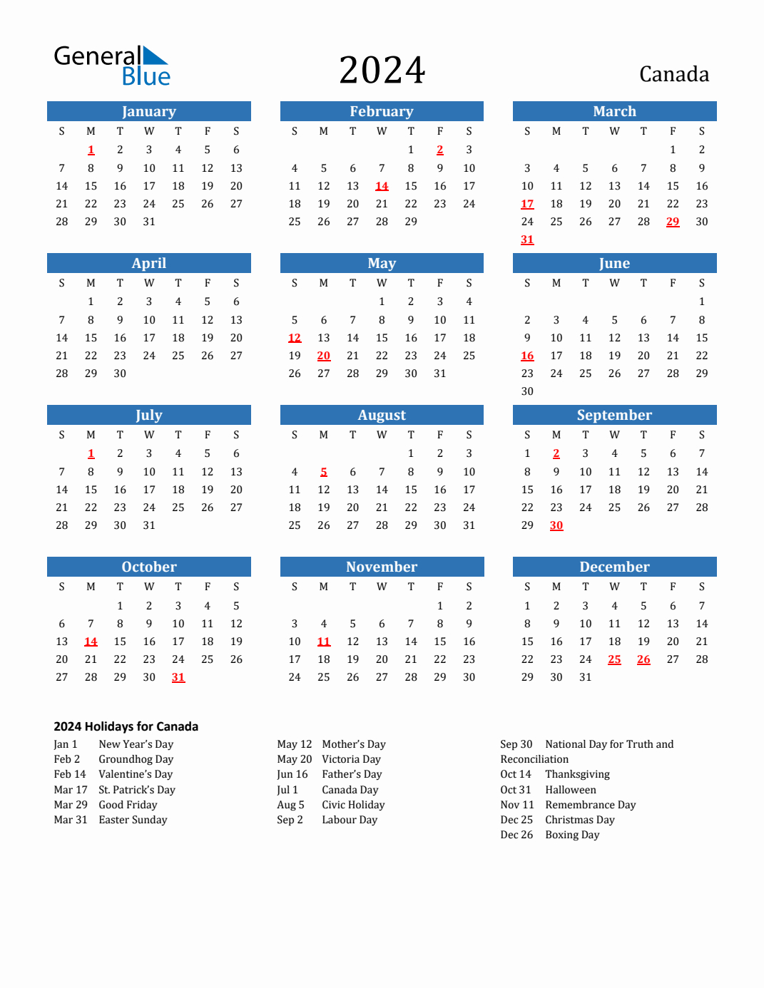2024 Canada Calendar With Holidays | 2024 Yearly Calendar Canada