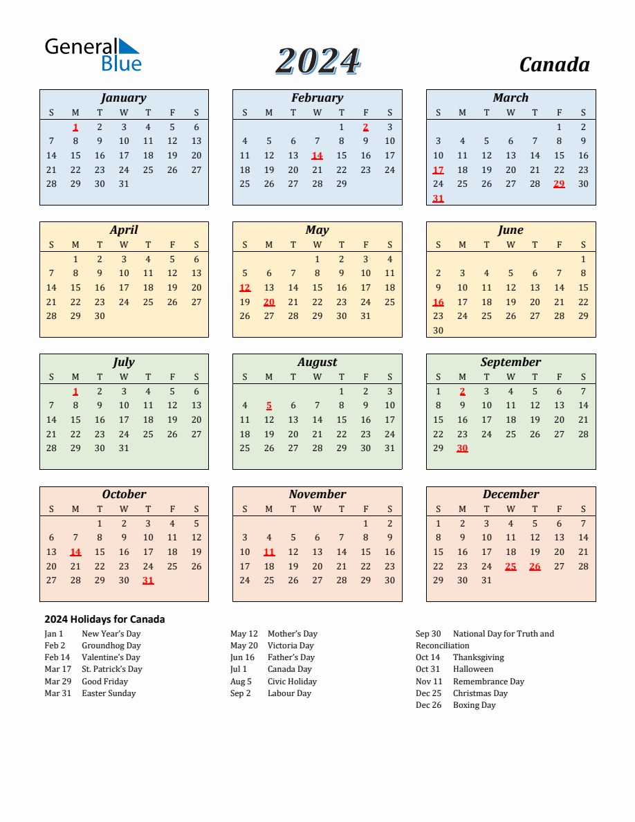 2024 Canada Calendar With Sunday Start | Calendar 2024 Printable Canada