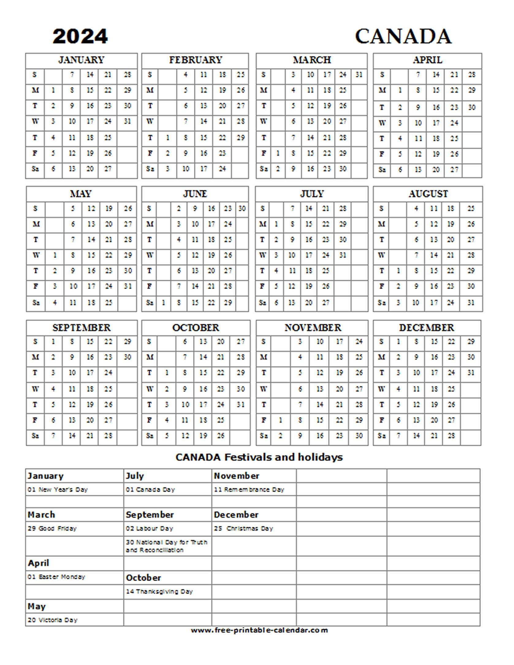 Free Printable Calendar 2024 Canada with Holidays Printable Calendar 2024