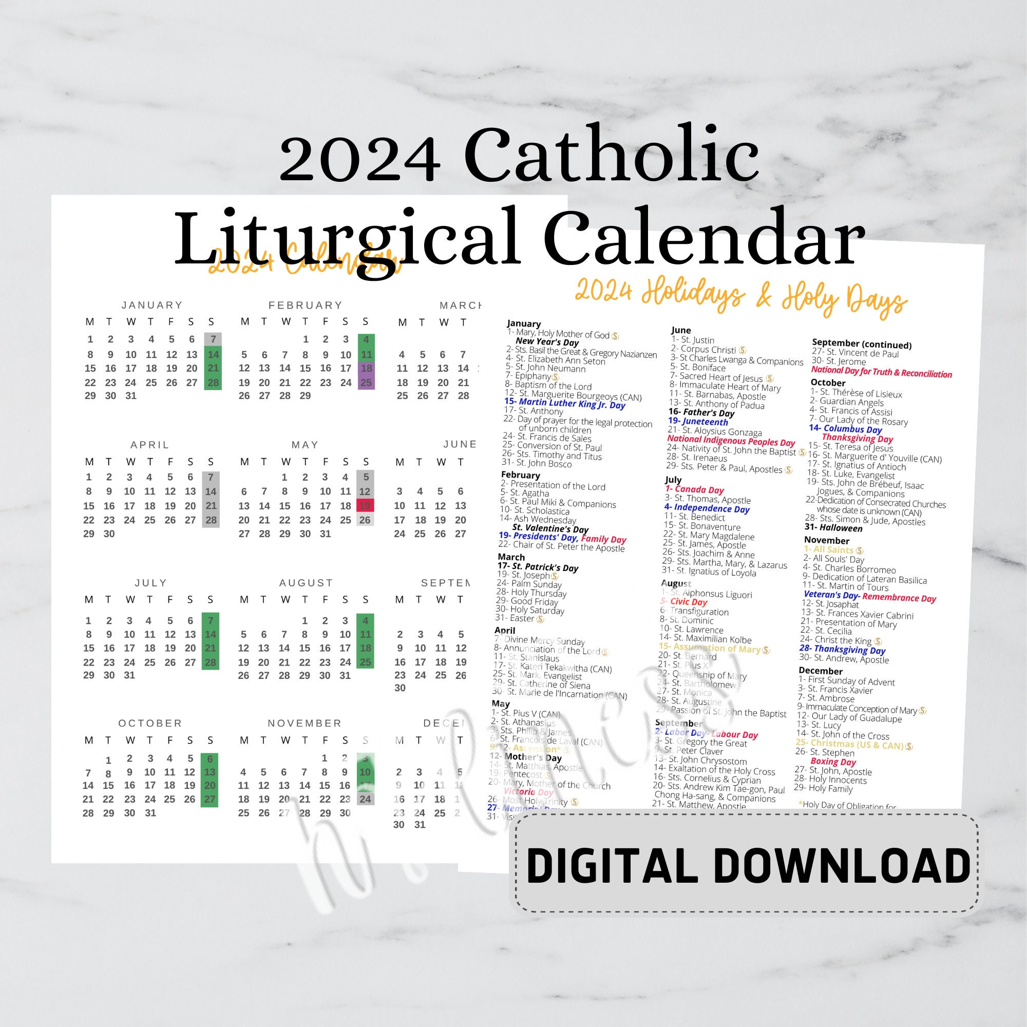 2024 Catholic Calendar Digital Download - Etsy | Printable Liturgical Calendar 2024