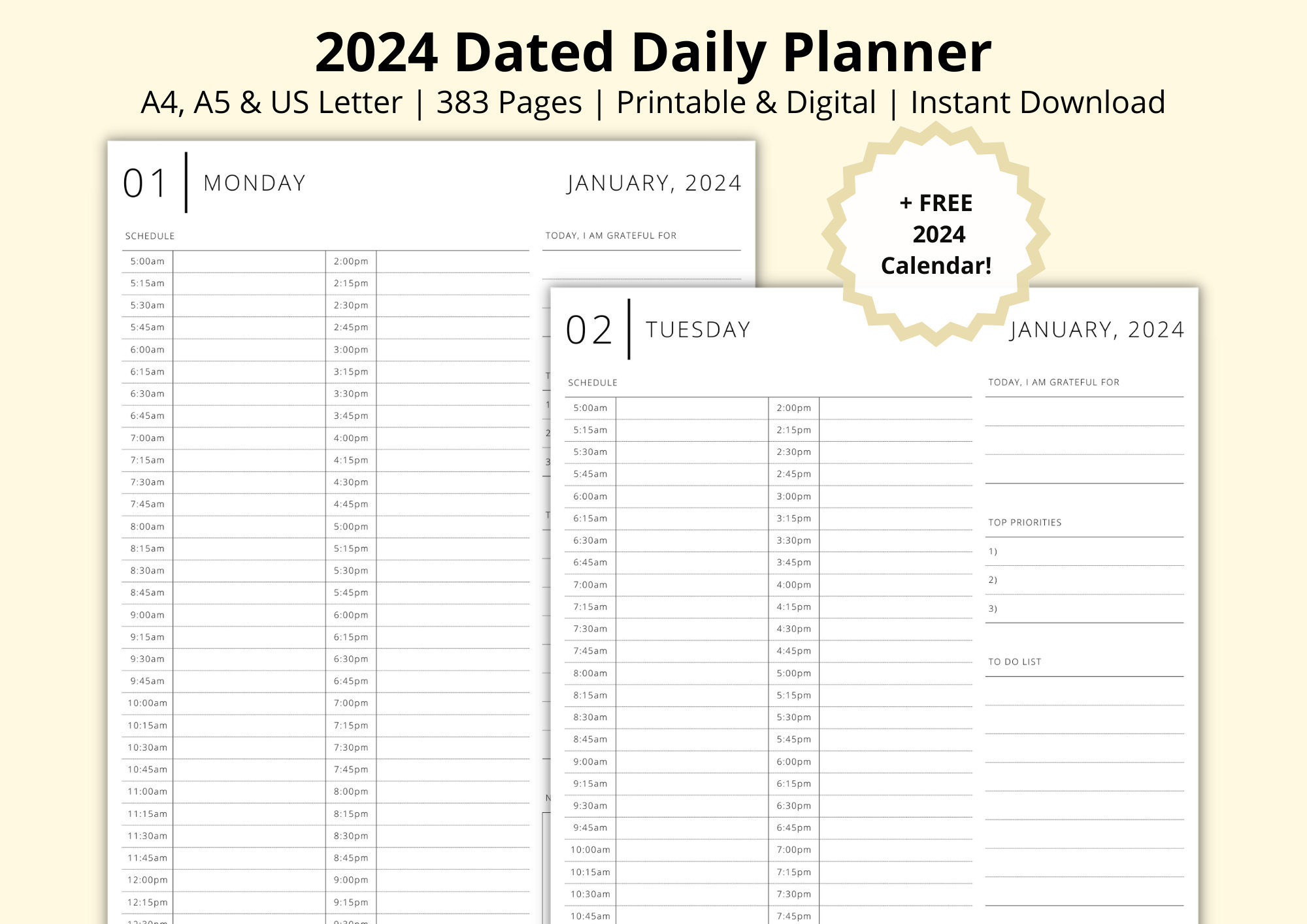 2024 Daily Planner Dated Yearly Calendar 2024 Calendar - Etsy | Printable Daily Calendar 2024