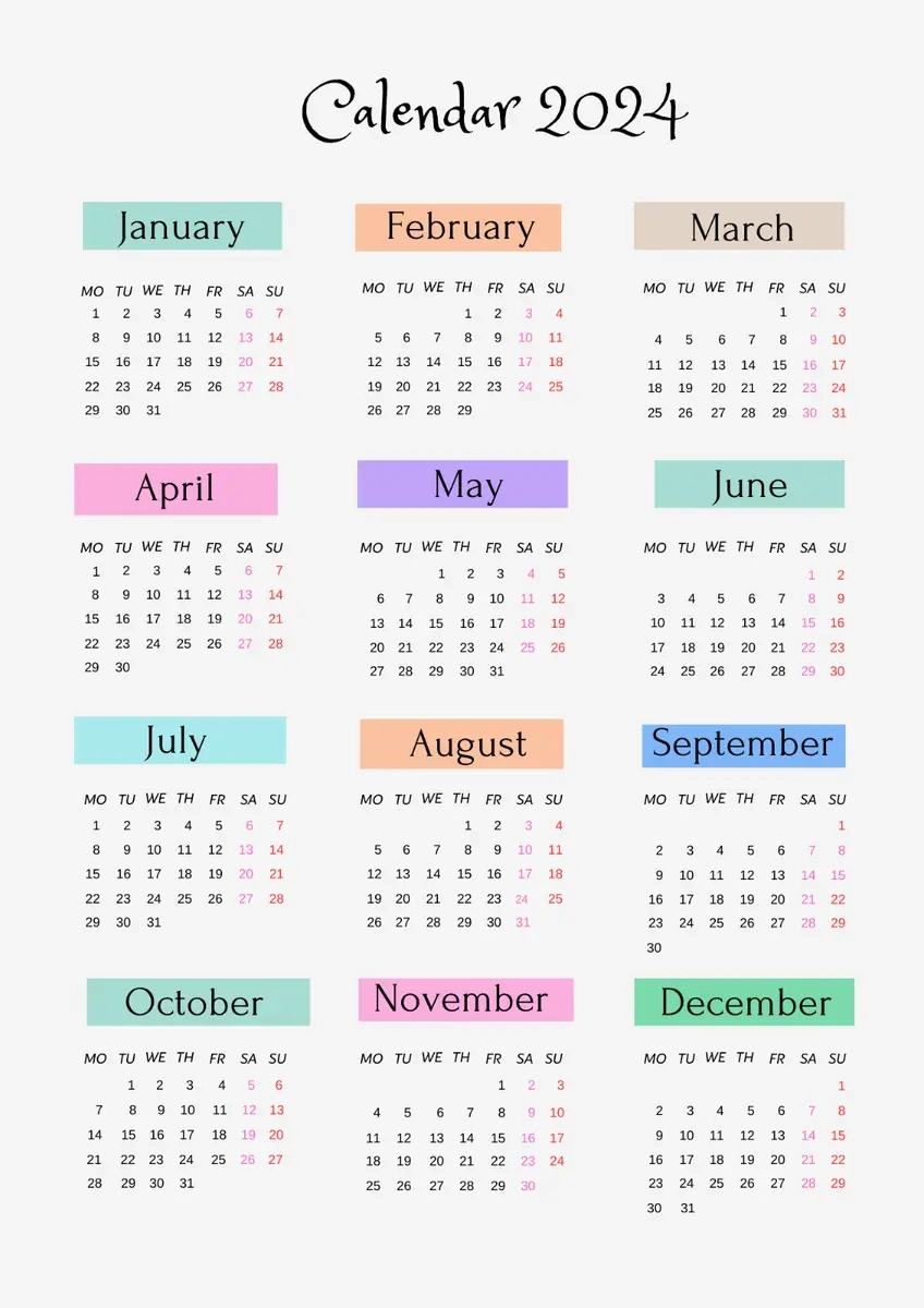 2024 Digital Printable Downloadable Clear Month To View Calendar | 2024 Full Year Calendar View
