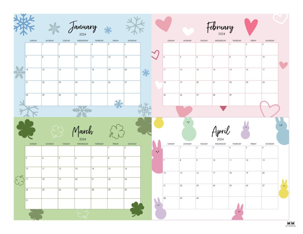2024 Four Month Calendars - 18 Free Printables | Printabulls | Free 2024 Printable Calendar By Month