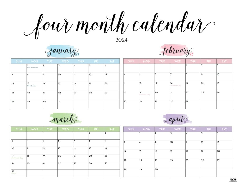 2024 Four Month Calendars - 18 Free Printables | Printabulls | Printable 4 Month Calendar 2024