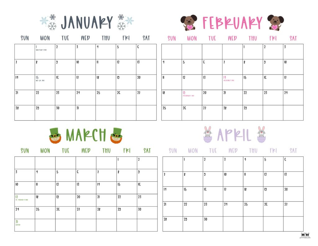 2024 Four Month Calendars - 18 Free Printables | Printabulls | Printable 4 Month Calendar 2024