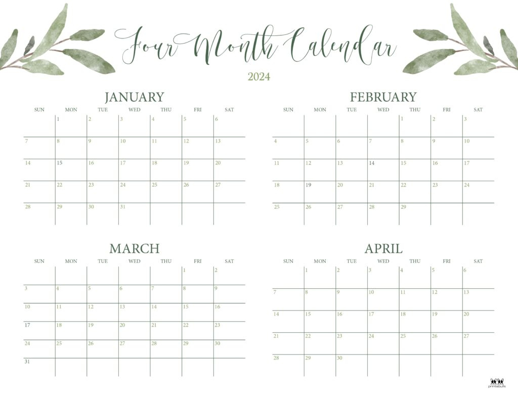 2024 Four Month Calendars - 18 Free Printables | Printabulls | Printable 4 Month Calendar 2024