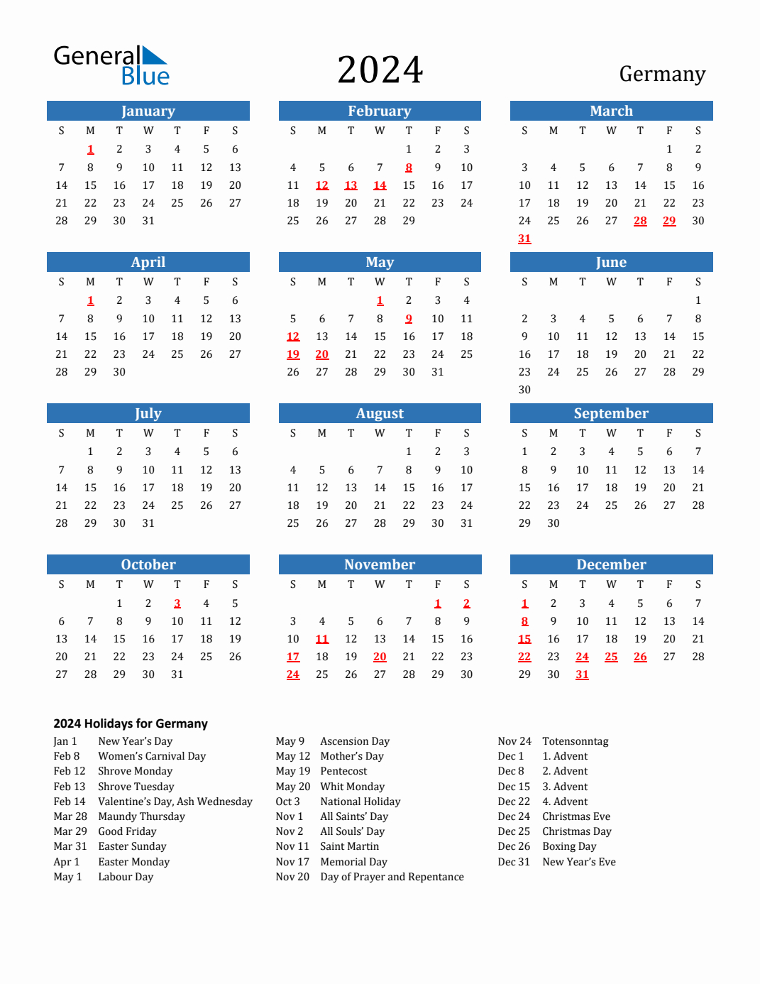 2024 Germany Calendar With Holidays | Printable Calendar 2024 Germany