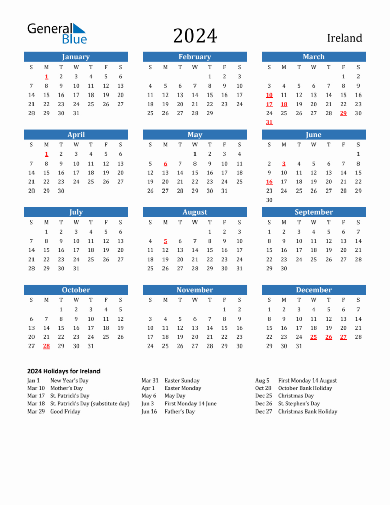 2024 Ireland Calendar With Holidays | Calendar 2024 Printable Ireland