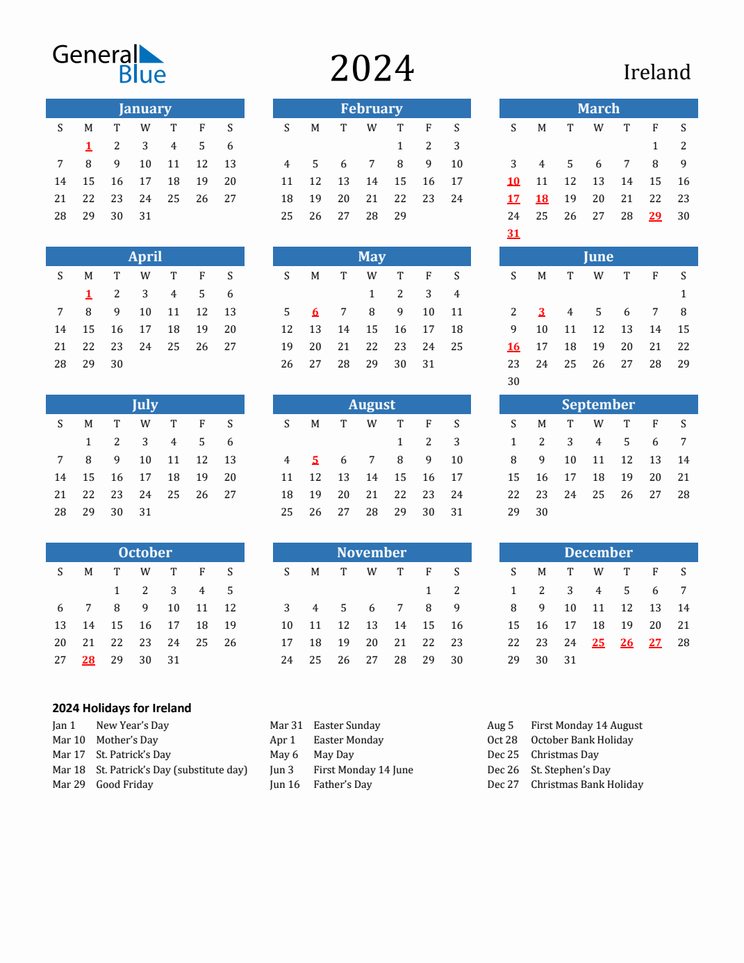 2024 Ireland Calendar With Holidays | Free Printable Calendar 2024 Ireland
