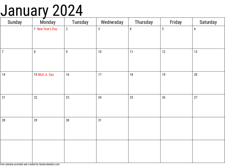 2024 January Calendars - Handy Calendars | 2024 Printable Calendar By Month With Holidays