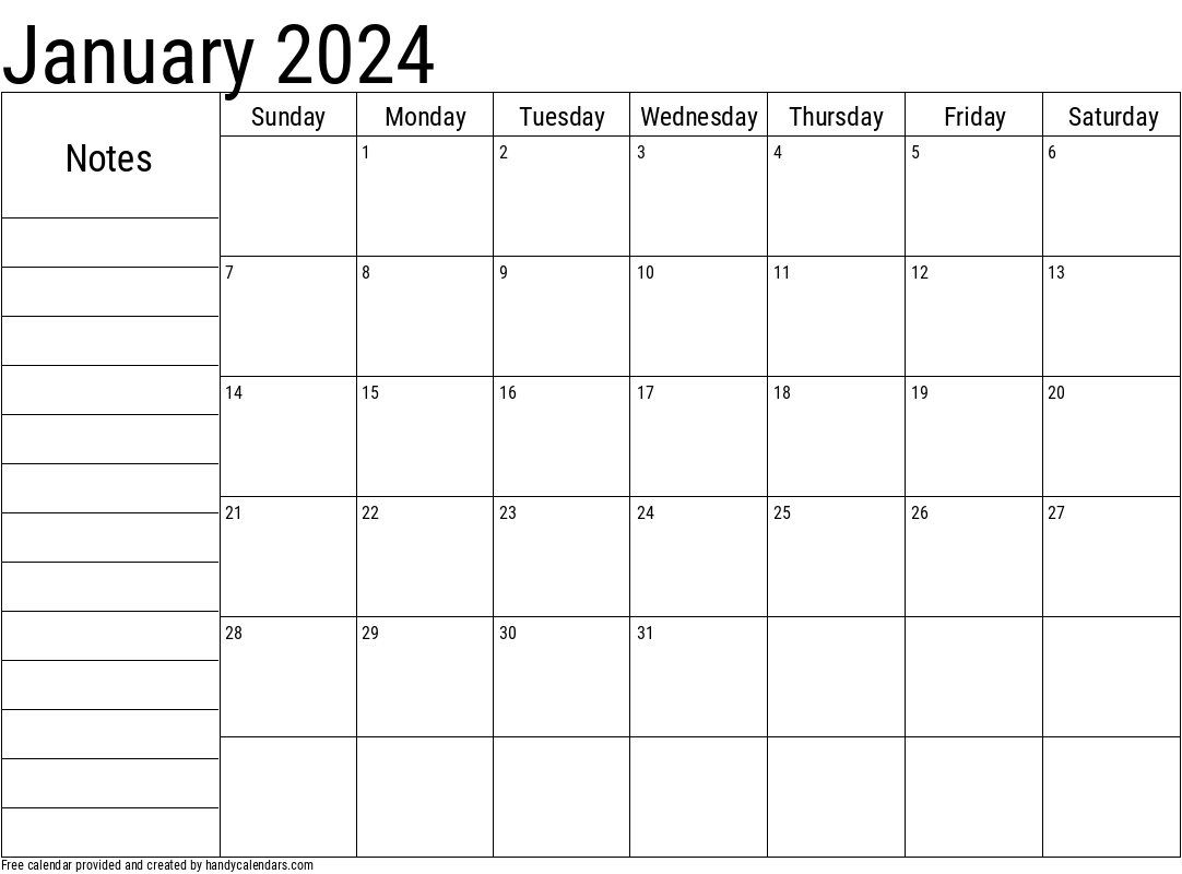 2024 January Calendars - Handy Calendars | Free Printable 2024 Calendar With Notes Section