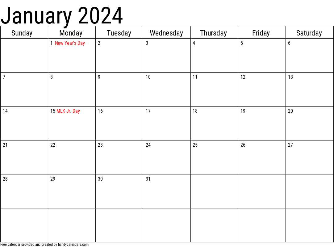 2024 January Calendars - Handy Calendars | Free Printable Calendar 2024 Monthly With Holidays
