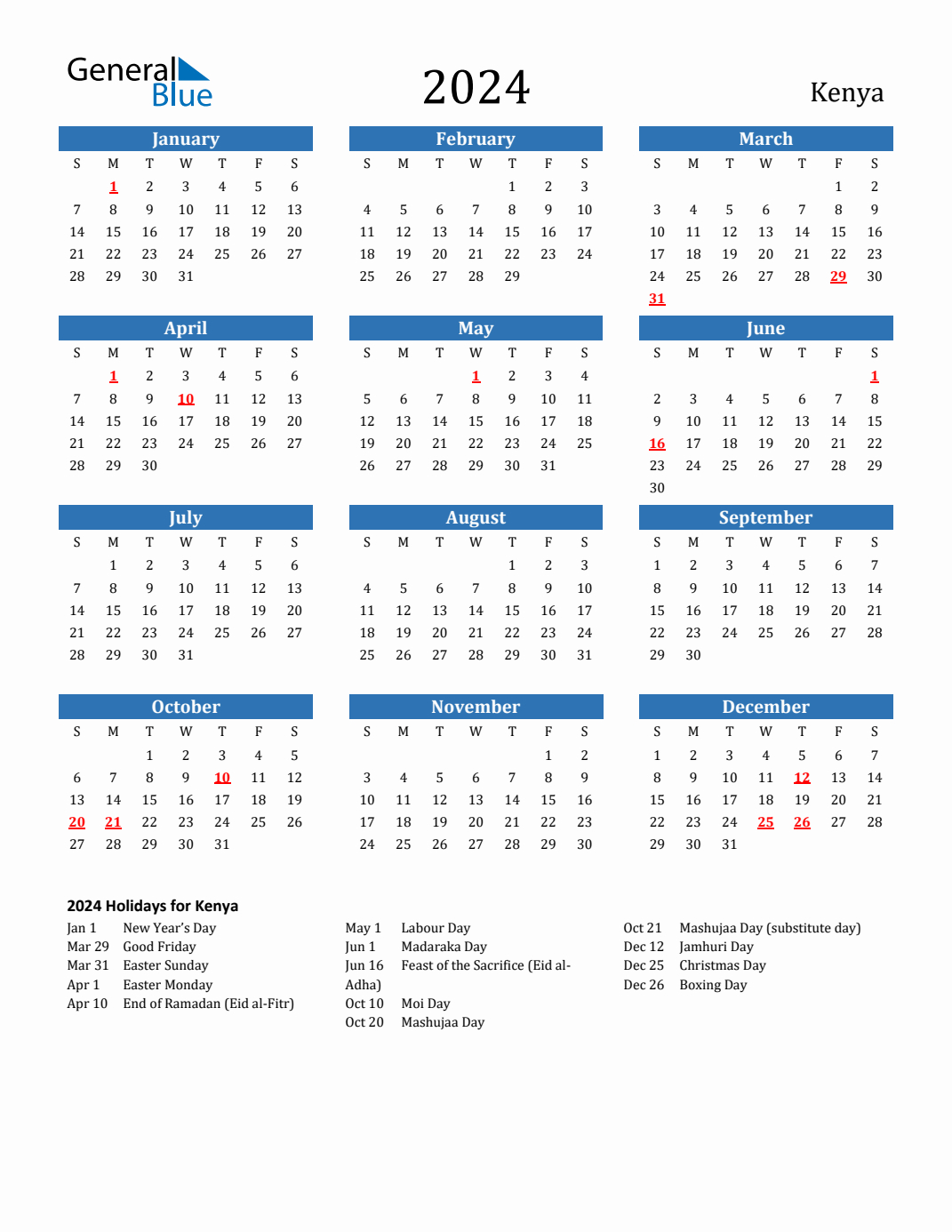 2024 Kenya Calendar With Holidays | 2024 School Calendar Kenya Printable