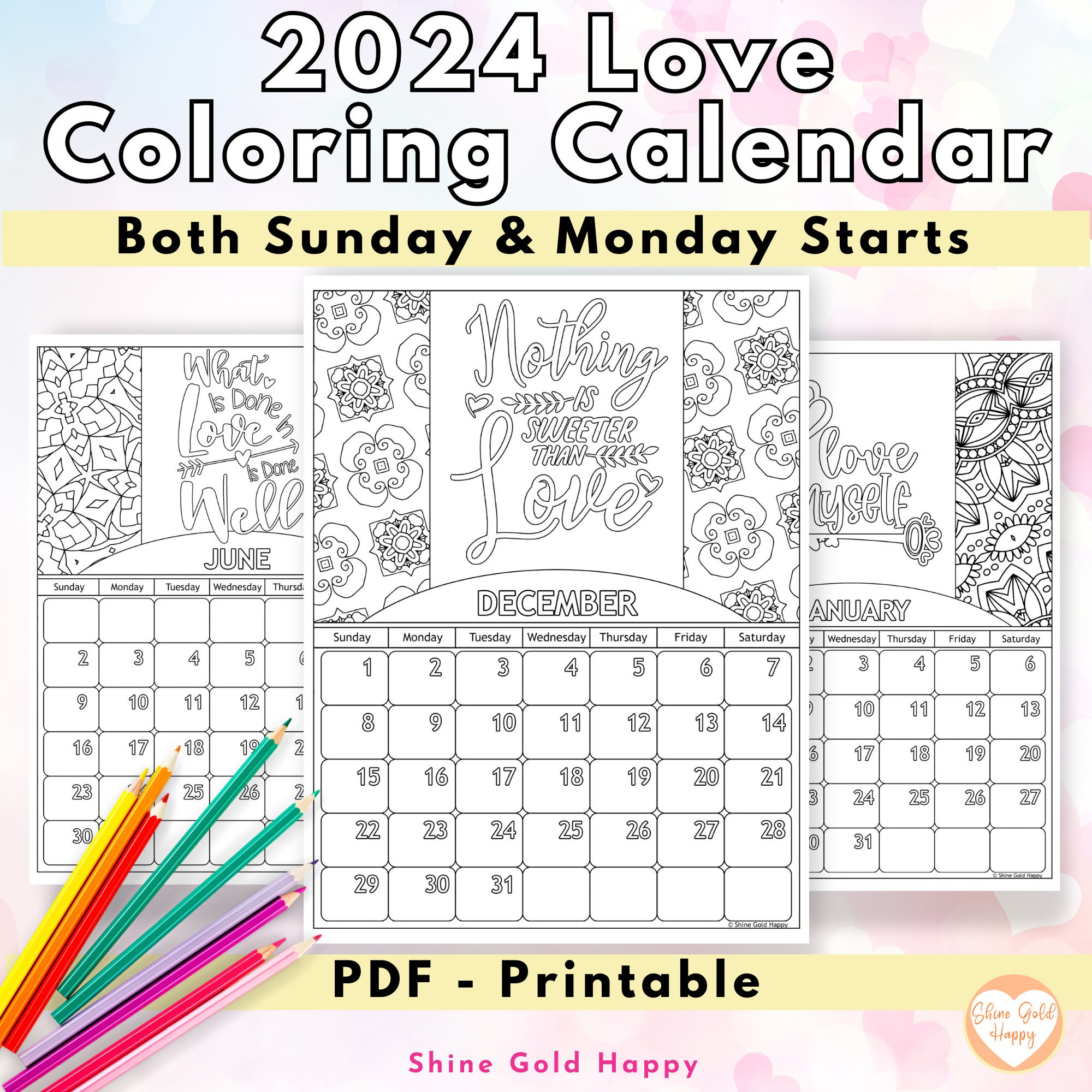 2024 Love Coloring Calendar Printable Calendar 2024 Pdf - Etsy | Printable Coloring Calendar 2024