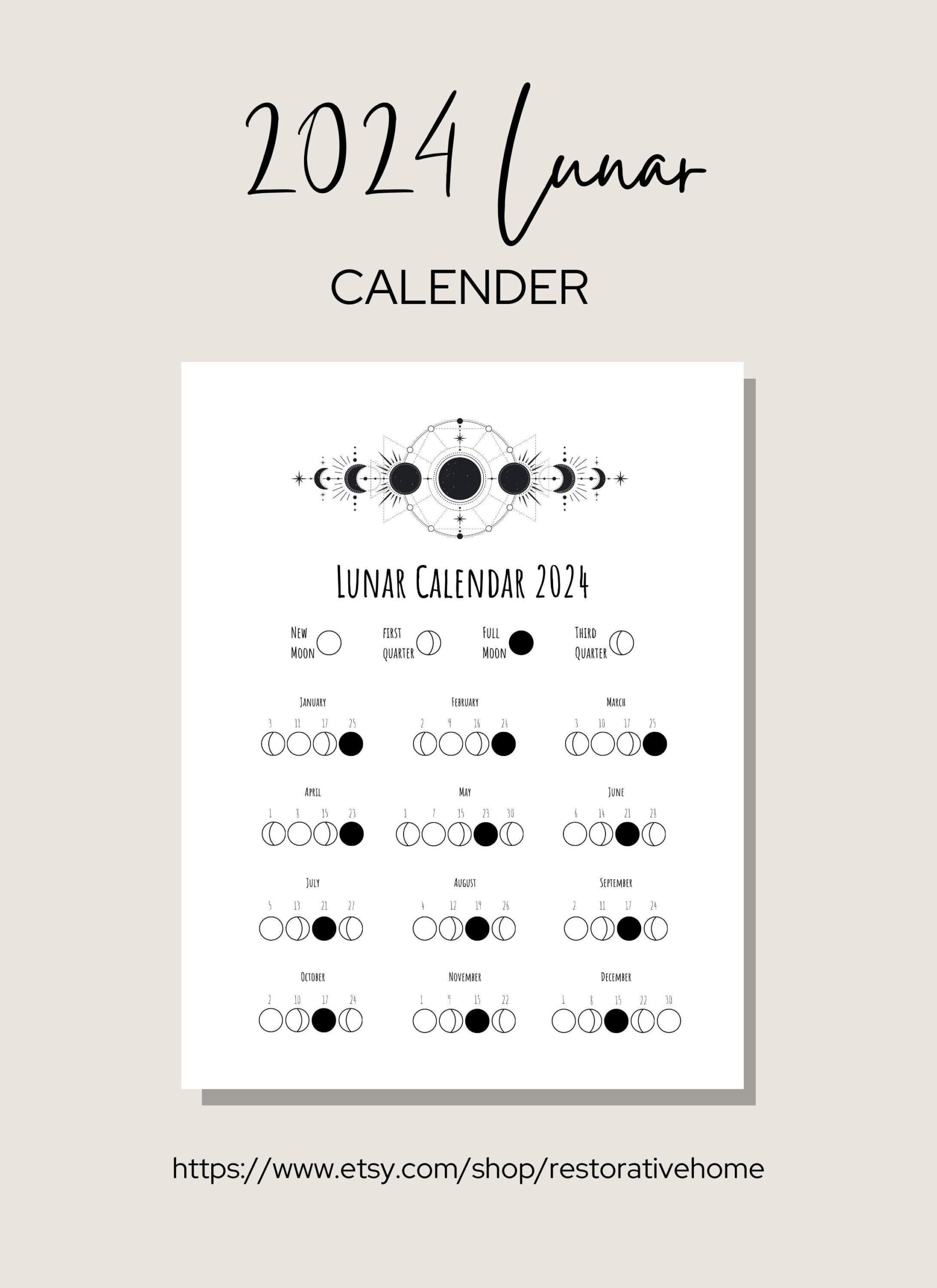 2024 Lunar Calendar Printable Moon Phase Calendar 8.5&amp;#039;&amp;#039; X 11 | Lunar Calendar 2024 Printable