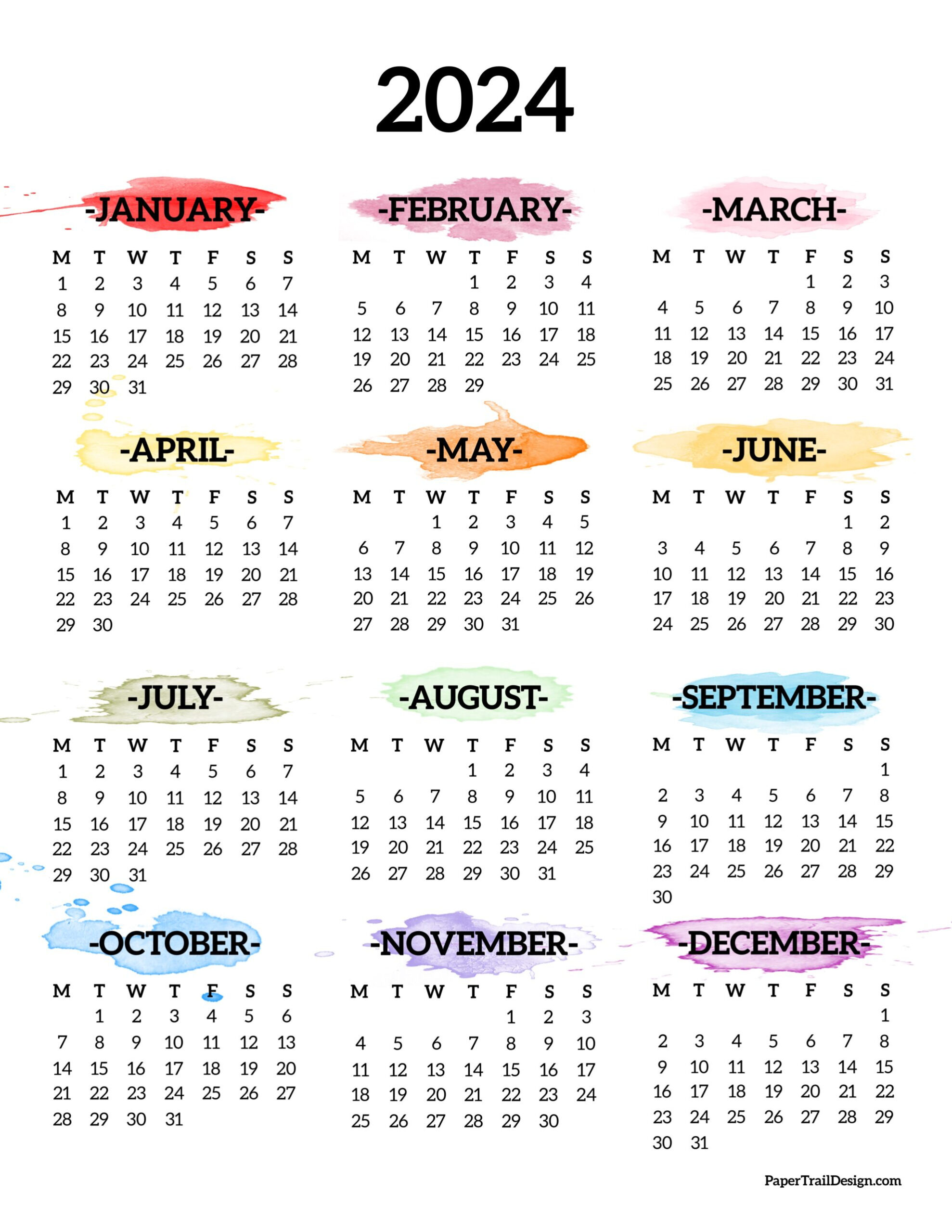 2024 Monday Start Calendar - One Page - Paper Trail Design | 2024 Calendar Printable Start Monday