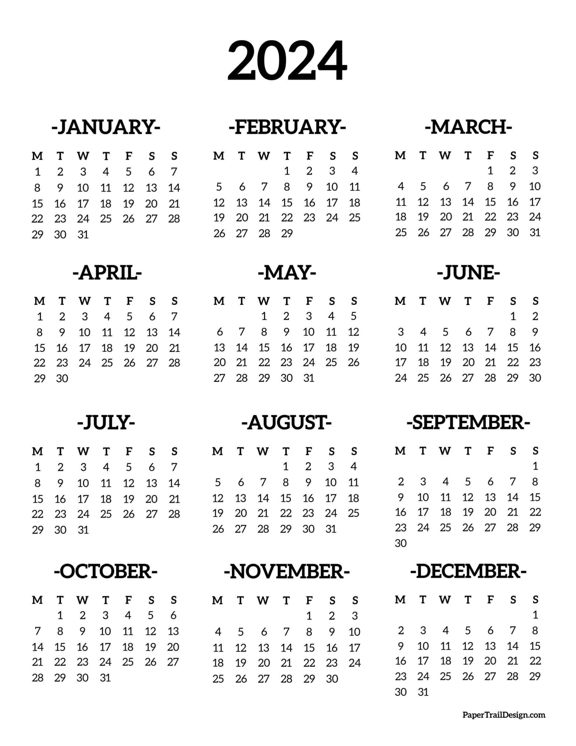 2024 Monday Start Calendar - One Page - Paper Trail Design | 2024 Year Calendar Starting Monday