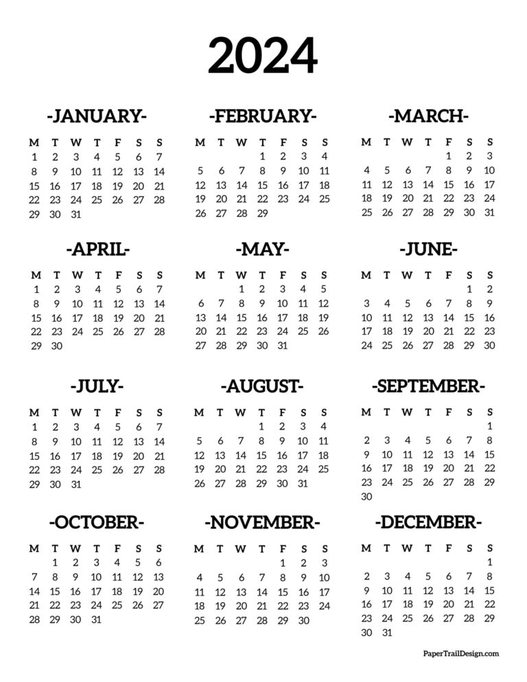 2024 Monday Start Calendar - One Page - Paper Trail Design | 2024 Yearly Calendar Monday Start