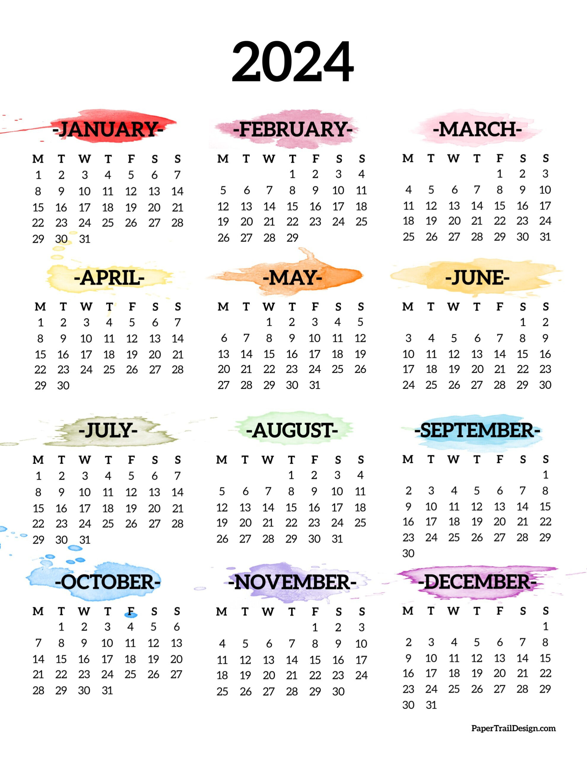 2024 Monday Start Calendar - One Page - Paper Trail Design | 2024 Yearly Calendar Monday Start