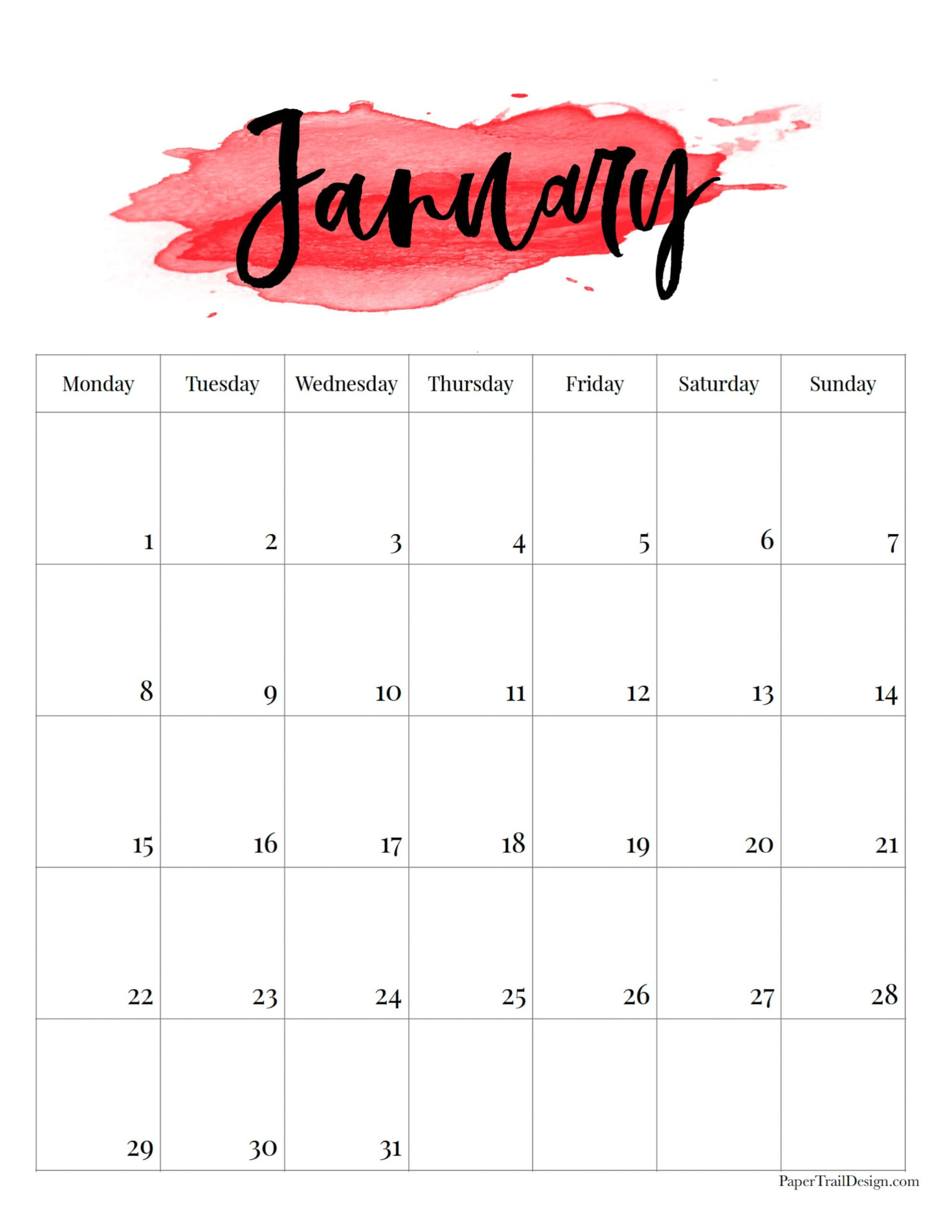 2024 Monday Start Watercolor Calendar - Paper Trail Design | January 2024 Calendar Printable Vertical