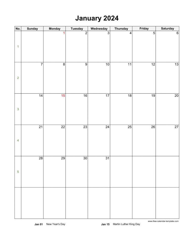 2024 Monthly Calendar (Blank Vertical Template) | Free-Calendar | Free Printable Vertical Monthly Calendar 2024