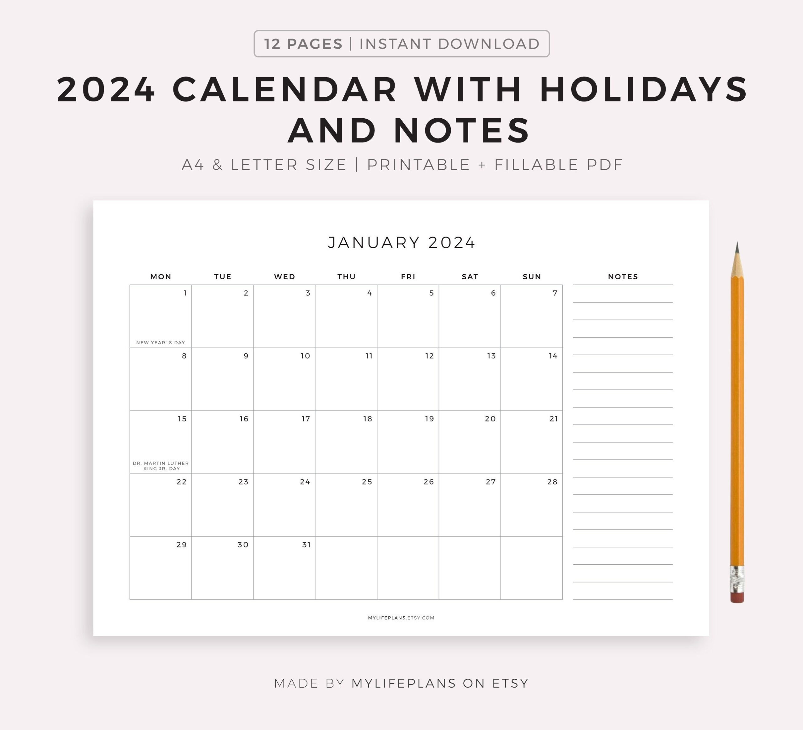 2024 Monthly Calendar With Holidays &amp;amp; Notes Printable - Etsy | Printable Calendar 2024 Thailand