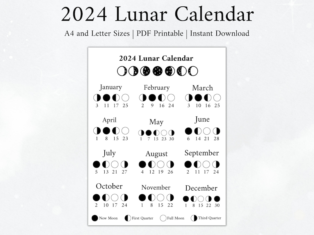 2024 Moon Calendar Moon Phase Calendar Lunar Calendar 2024 - Etsy | Lunar Calendar 2024 Printable