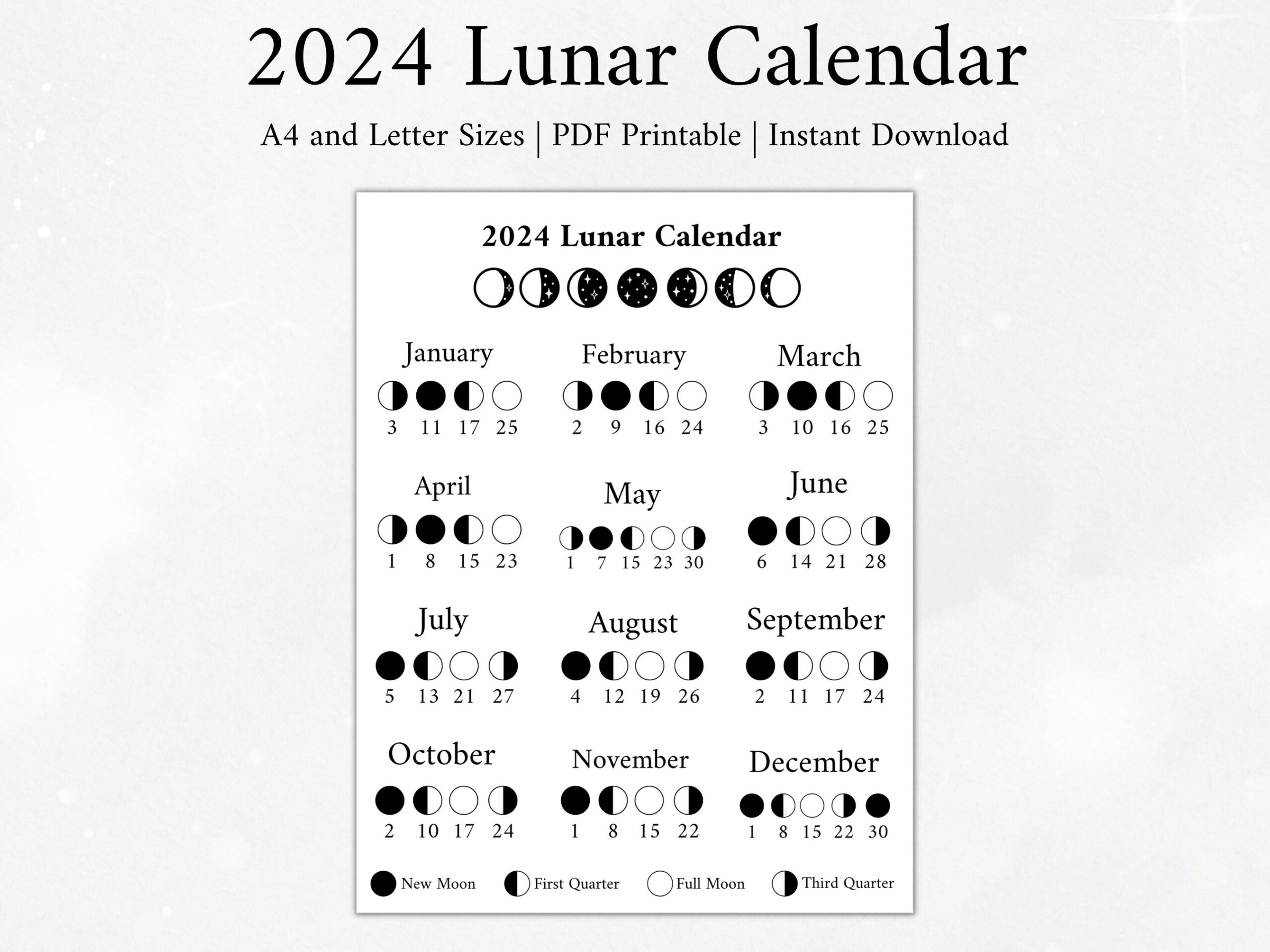 2024 Moon Calendar Moon Phase Calendar Lunar Calendar 2024 - Etsy | Printable Lunar Calendar 2024