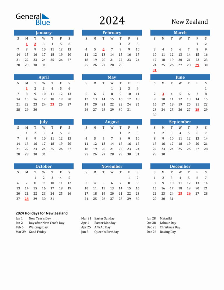 2024 New Zealand Calendar With Holidays | 2023 Calendar 2024 Printable NZ