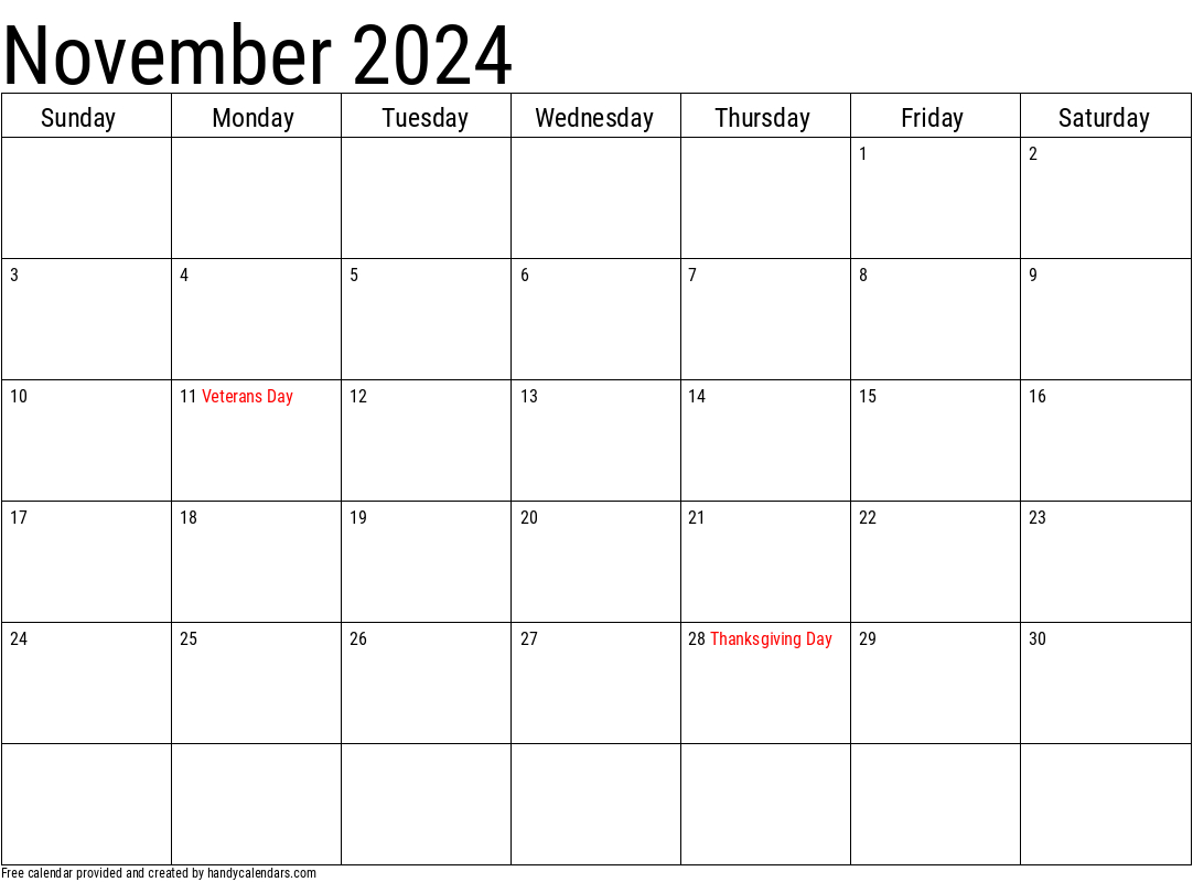 2024 November Calendars - Handy Calendars | November Calendar 2024 Printable