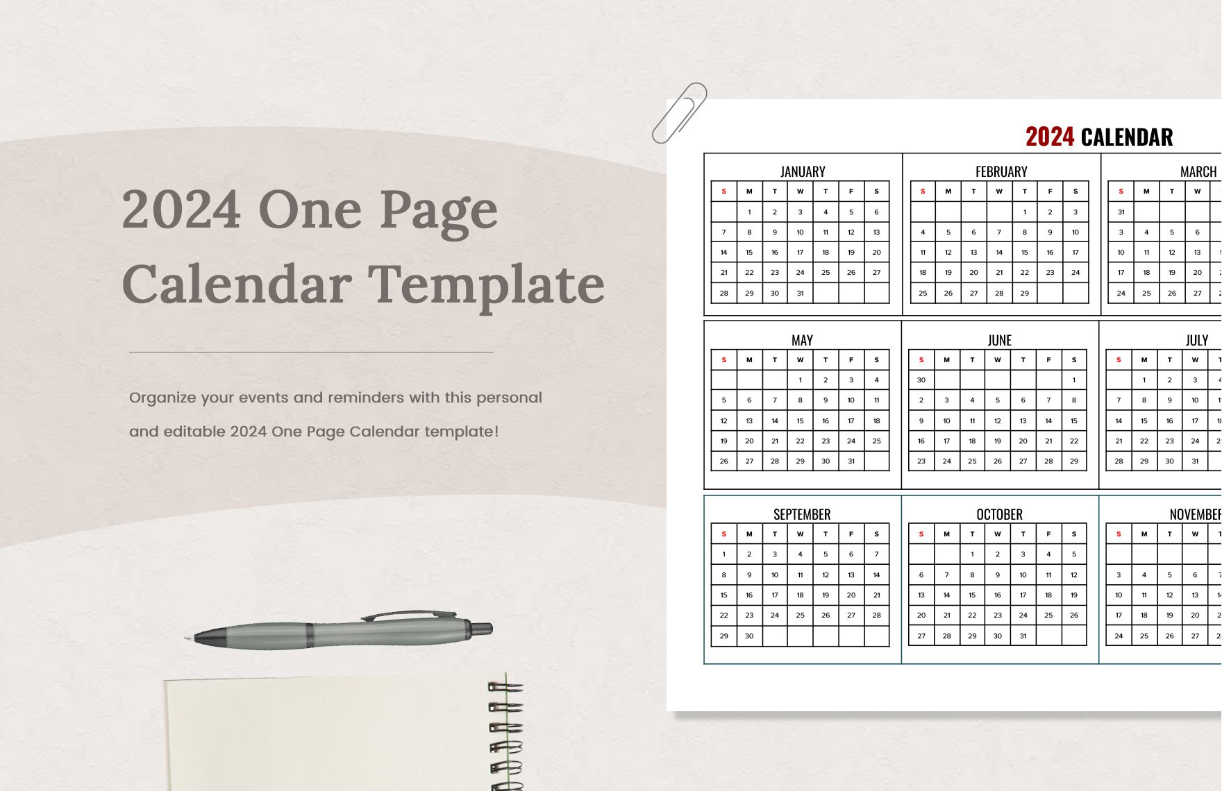 2024 One Page Calendar Template - Download In Word, Google Docs | 2024 Calendar Printable One Page Word