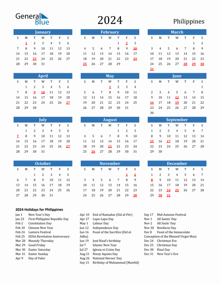 2024 Philippines Calendar With Holidays | Printable Calendar 2024 with Holidays Philippines Free Download