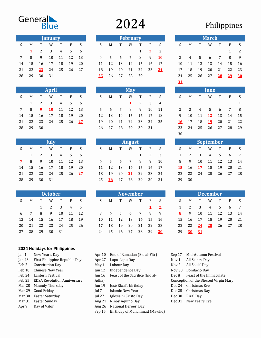 2024 Philippines Calendar With Holidays | Printable Calendar 2024 With Holidays Philippines Free Download