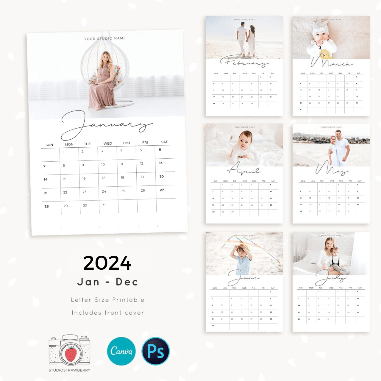 2024 Photo Calendar Template Monthly Grid – Strawberry Kit | Calendar Labs 2024 Printable Calendar