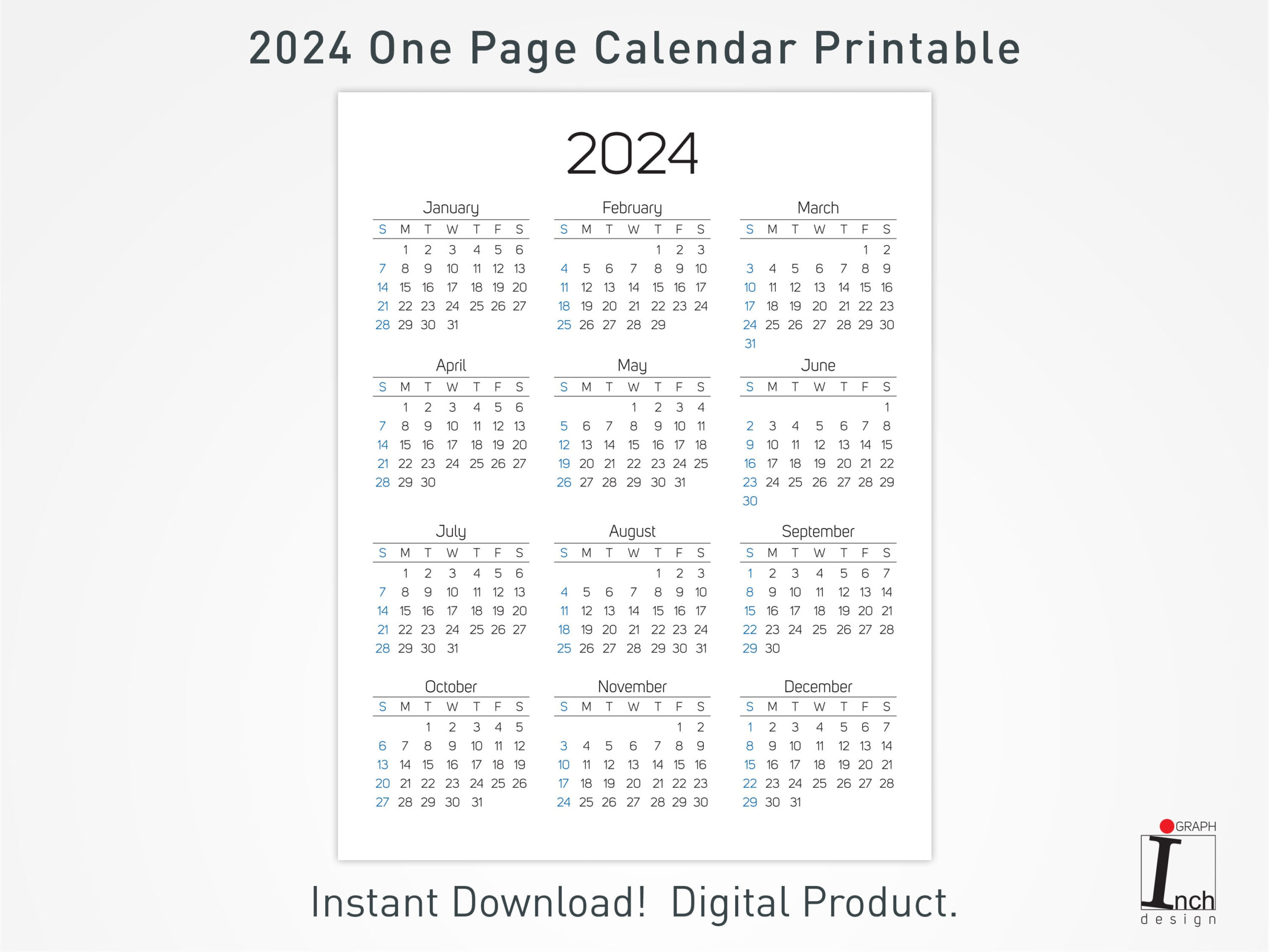 2024 Printable Calendar 12 Months One Page Calendar Wall Calendar | 2024 Calendar Printable One Page Per Month