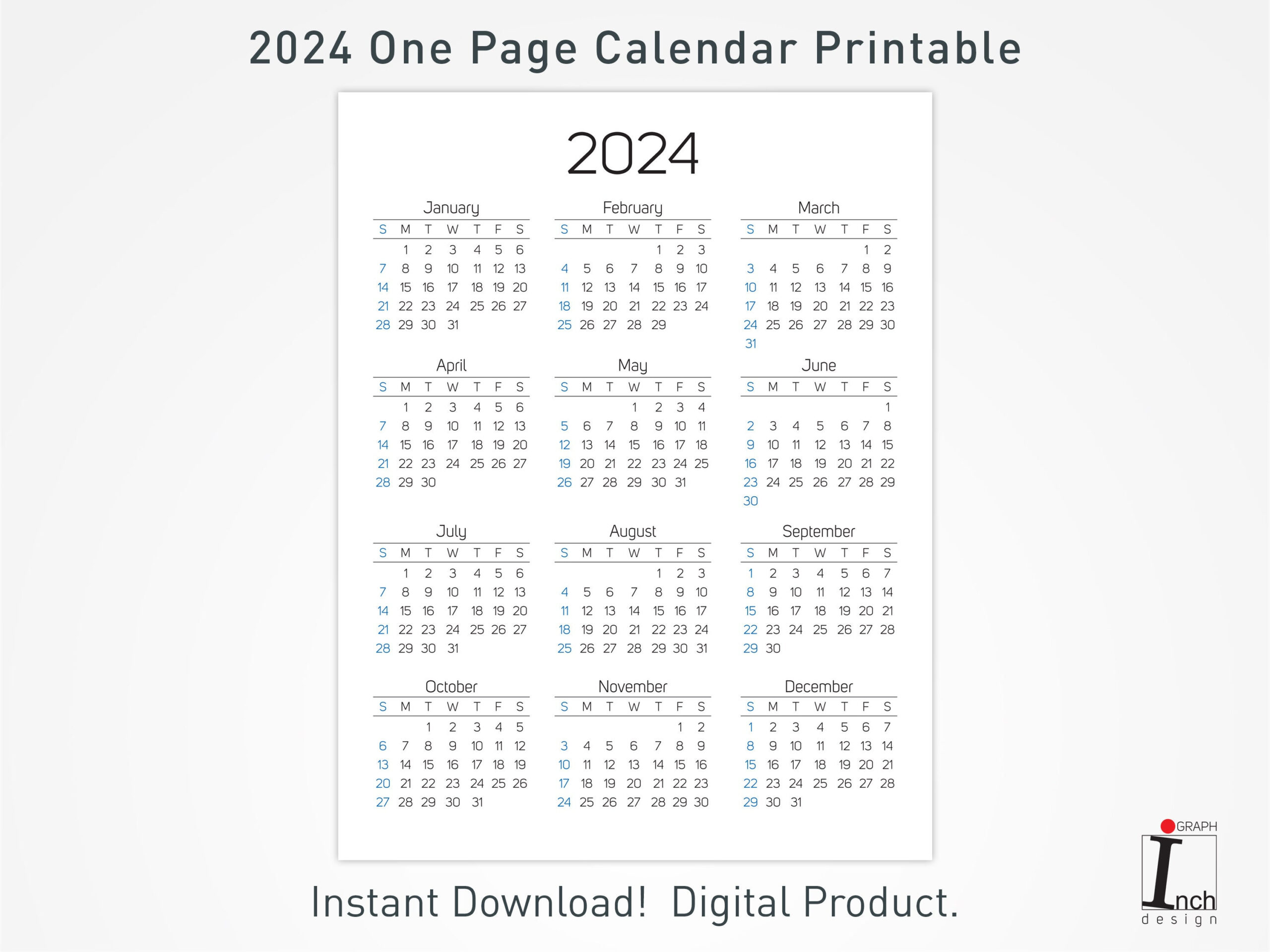 2024 Printable Calendar 12 Months One Page Calendar Wall Calendar | Printable Calendar 2024 Kuwait