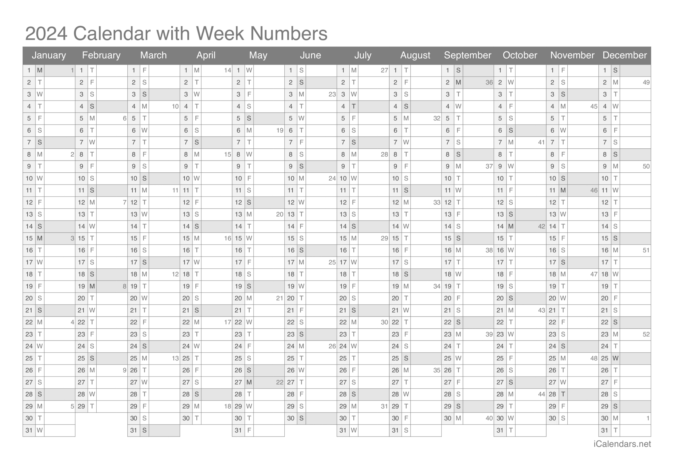 2024 Printable Calendar - Pdf Or Excel | 2024 Calendar With Week Numbers Excel Printable