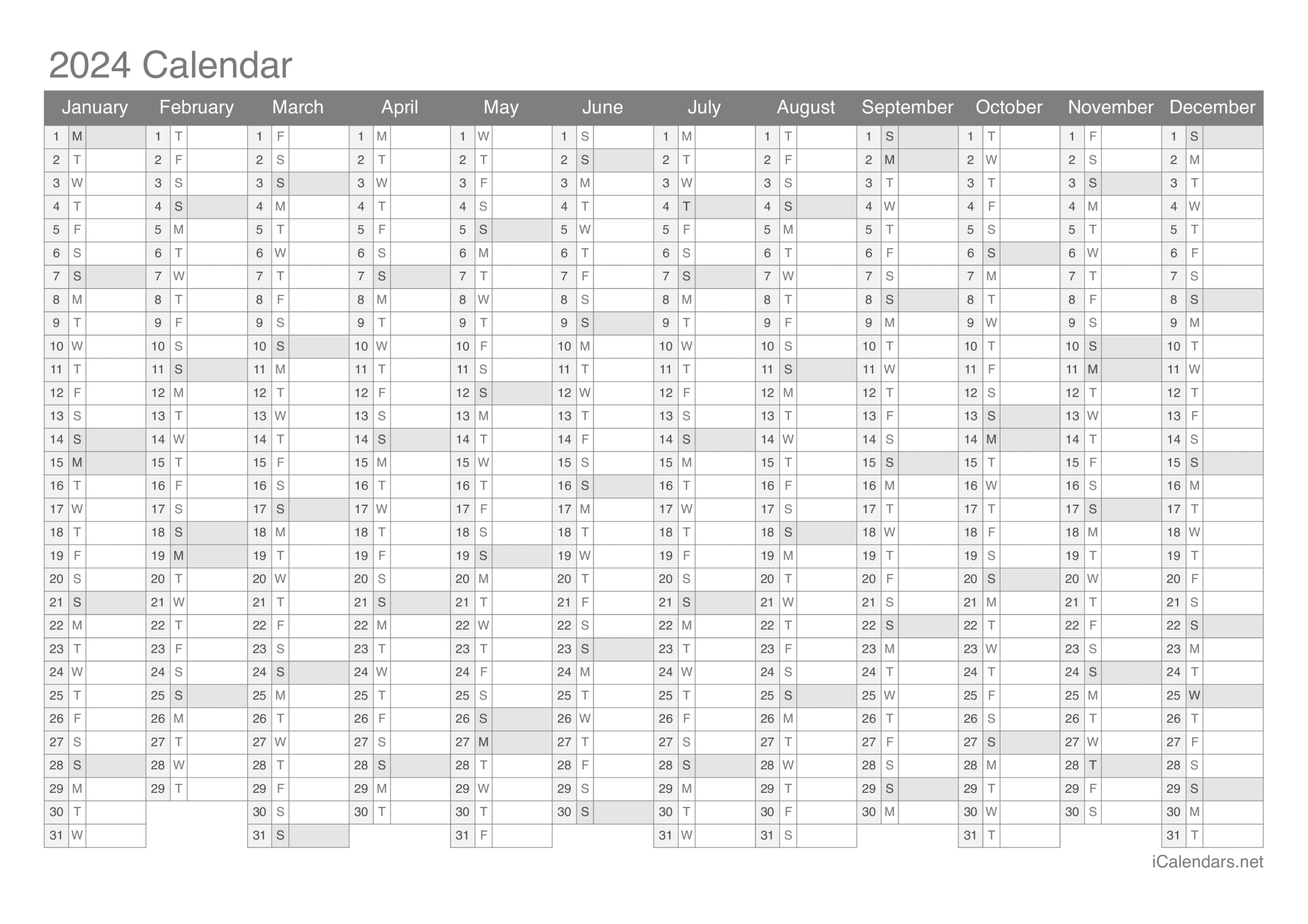 2024 Printable Calendar - Pdf Or Excel | 2024 Full Year Calendar Excel